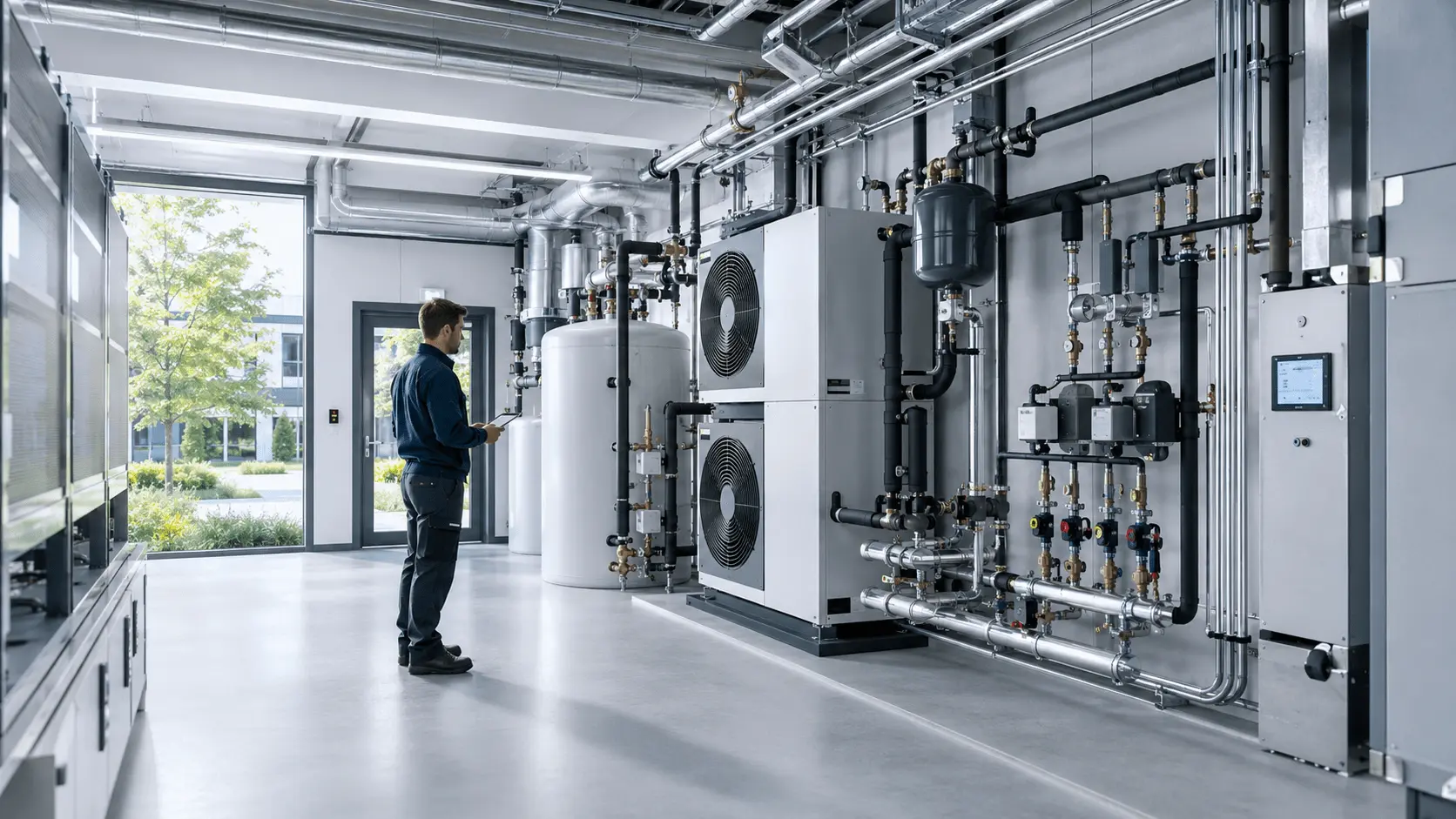 Fachmann prüft eine Heizungsanlage in einem Technikraum